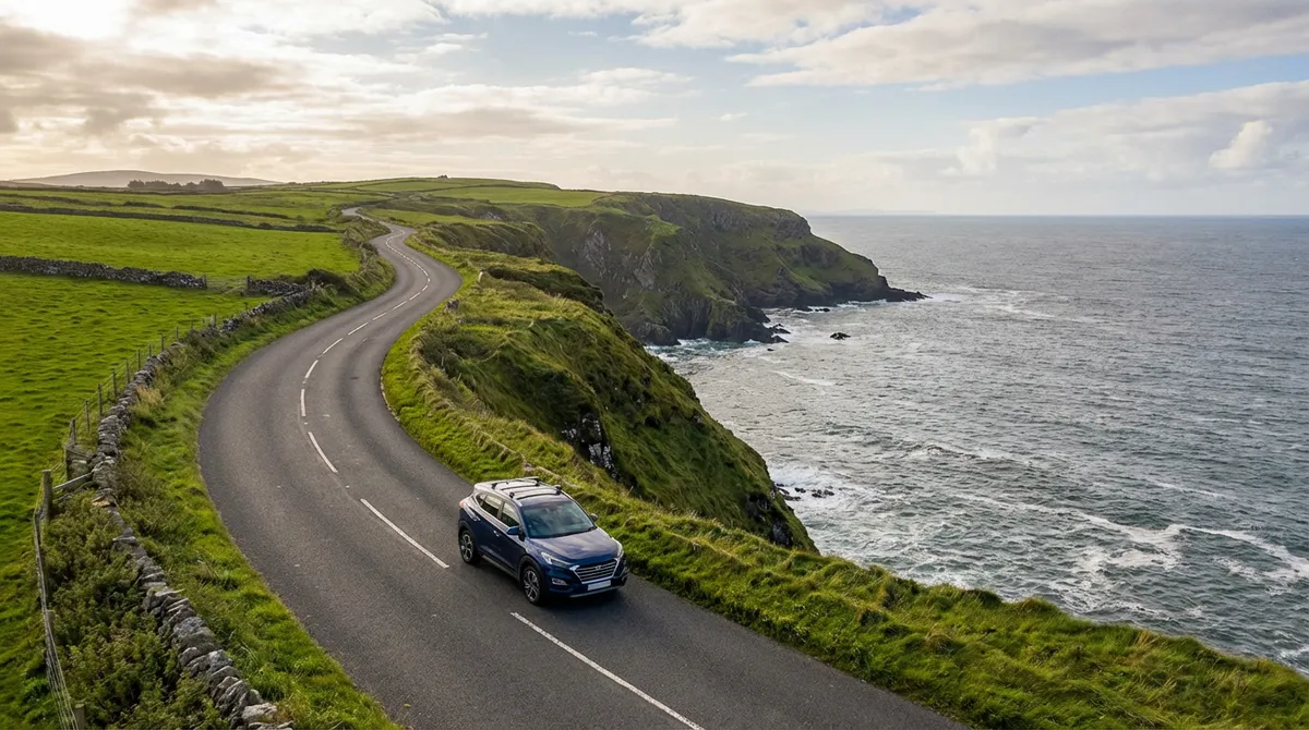 Scenic view of a modern car driving along the dramatic Causeway Coastal Route in Northern Ireland.