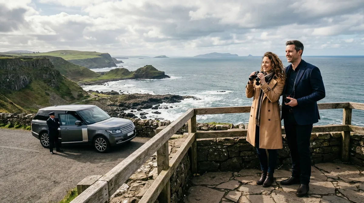 A couple overlooking a stunning Northern Irish landscape, enjoying a bespoke and expertly planned travel experience.