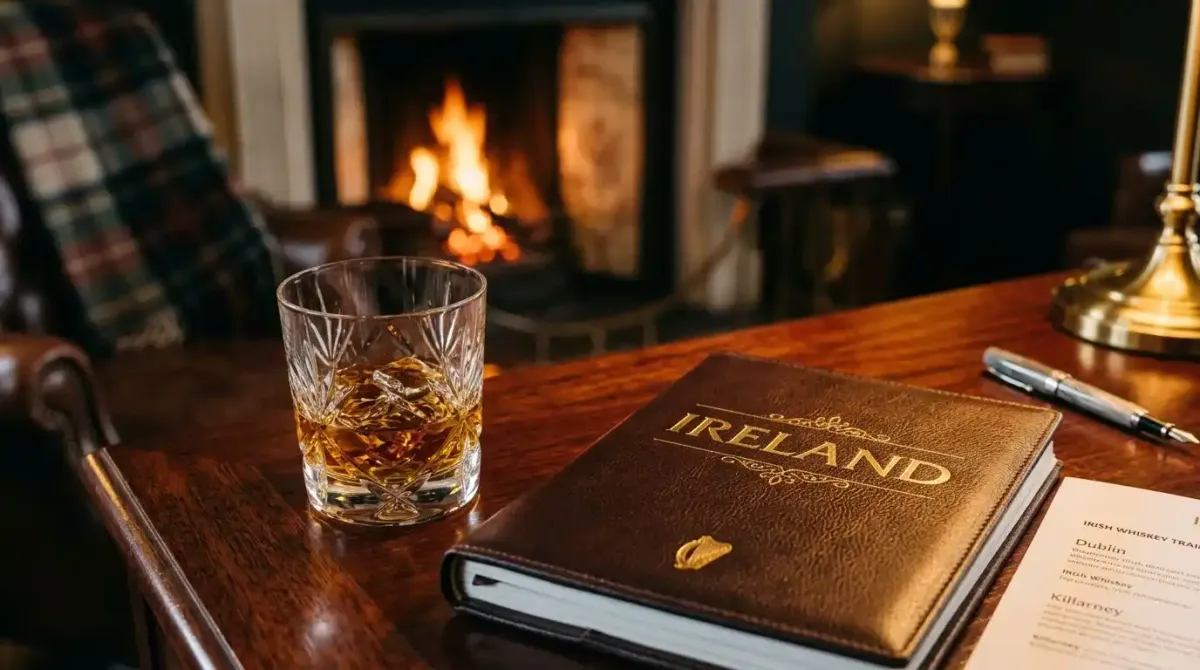 A curated luxury Ireland travel itinerary resting in a castle library.