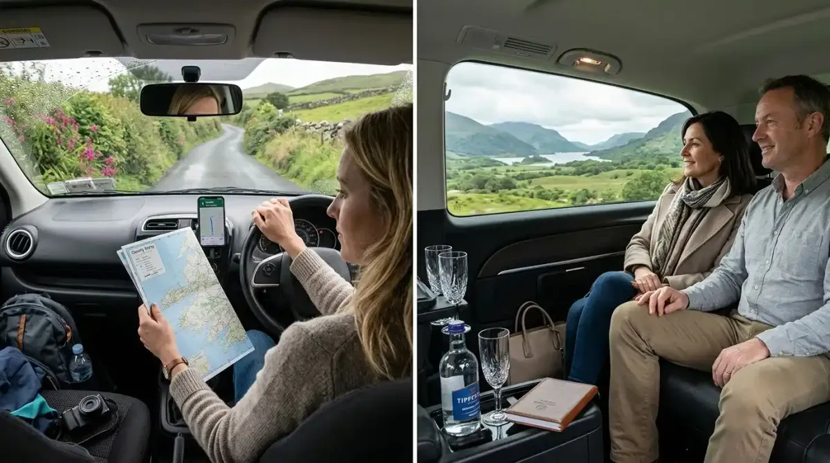 Side-by-side comparison of self-driving in Ireland and relaxing in a private chauffeur car.