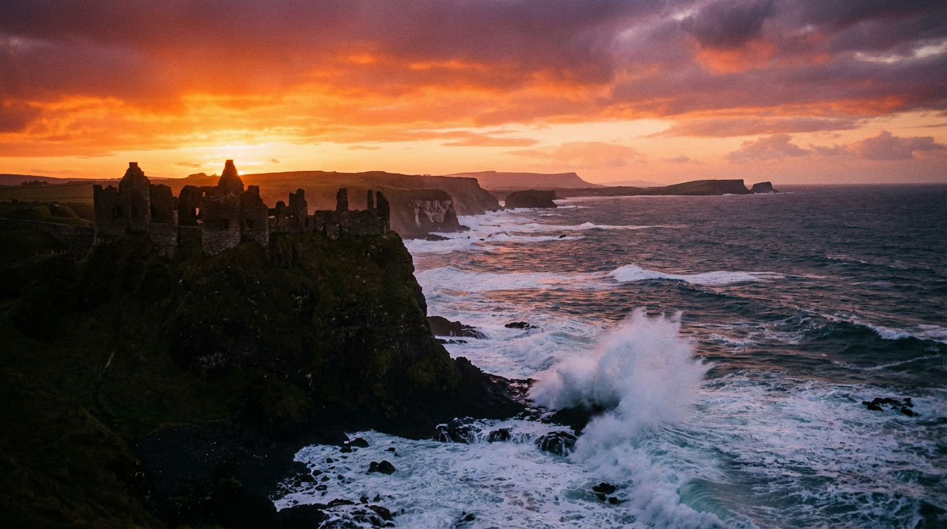 Dunluce Castle ruins dramatically silhouetted against a sunset sky on the Causeway Coast, Northern Ireland