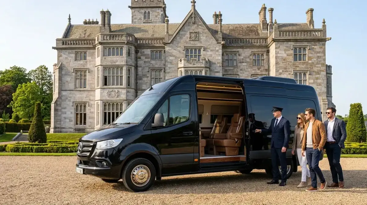 An elite private chauffeur vehicle waiting to transport a small golf syndicate in absolute comfort across Ireland.