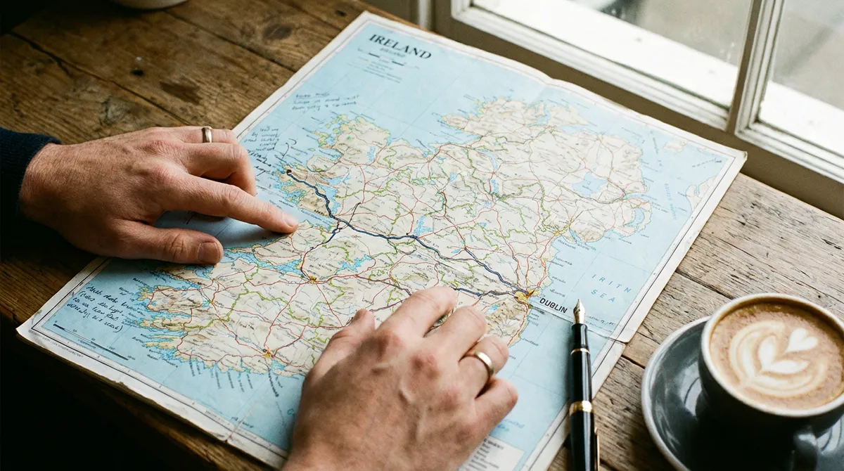 Map of Ireland with hands planning a self-drive itinerary.