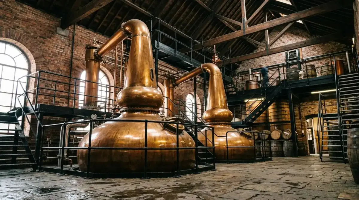 Massive traditional copper pot stills inside a historic Irish whiskey distillery.