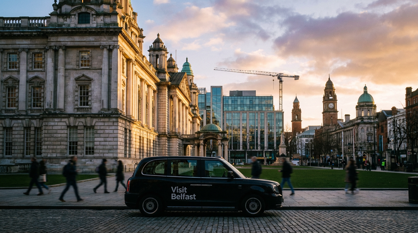 Belfast city skyline at golden hour with historical architecture and a modern car.