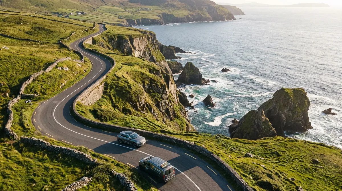 Aerial view of a modern car on a winding Irish coastal road, symbolizing expert-planned journey