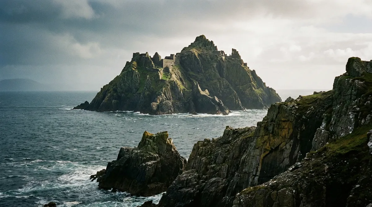 Skellig Michael island rising dramatically from the Atlantic Ocean, viewed from the Wild Atlantic Way
