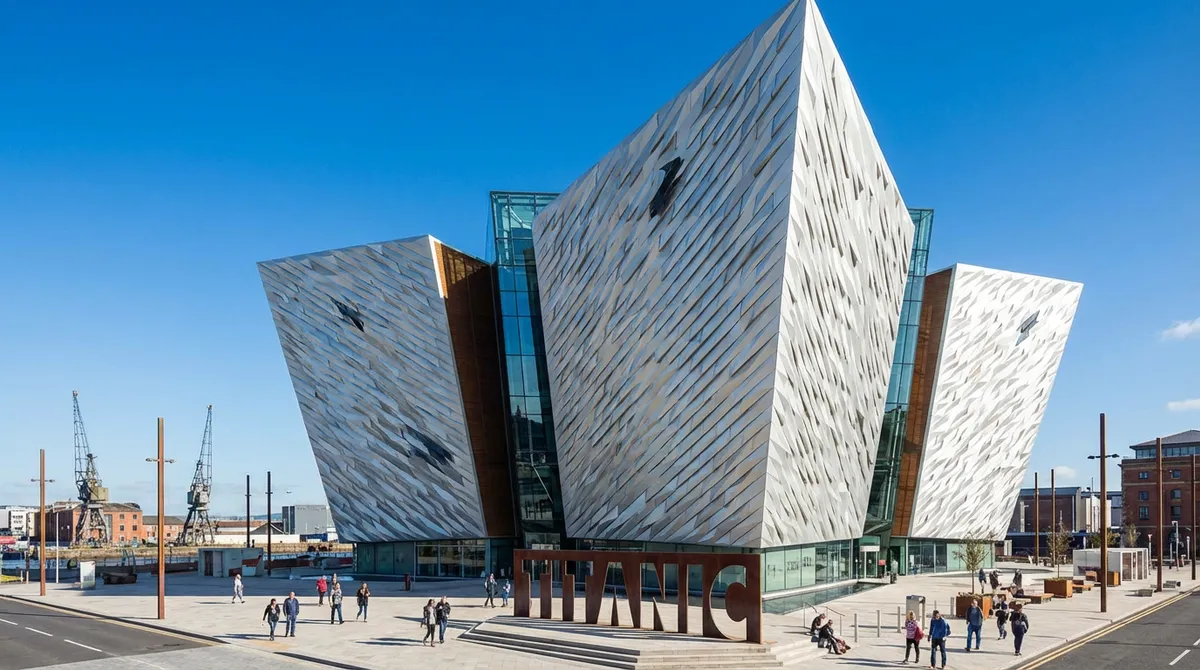 Exterior view of the modern Titanic Belfast museum building.