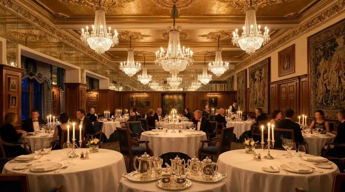 Fine dining room at Ashford Castle with crystal chandeliers and luxury table settings.