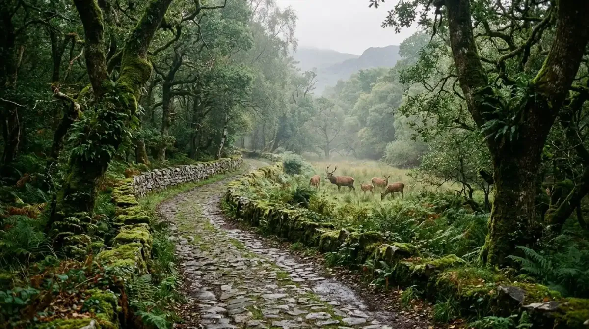 An ancient oak forest trail in Killarney National Park on a luxury Ring of Kerry walking holiday.