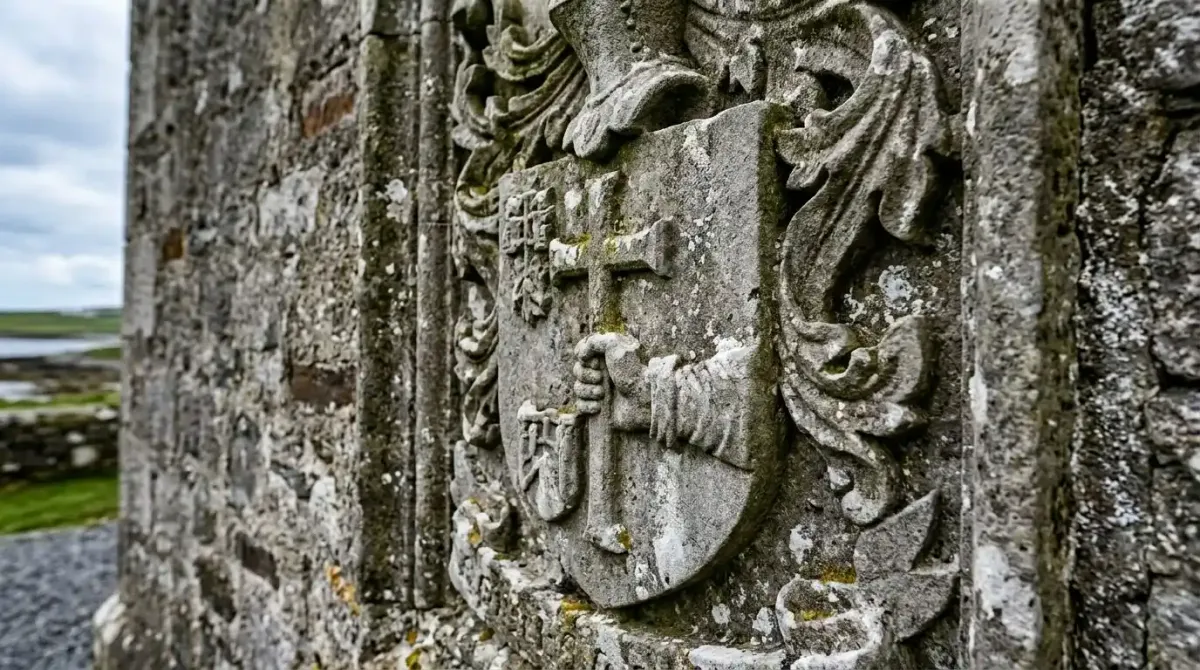 The historic stone coat of arms of the O'Donnell clan at Lough Eske Castle.