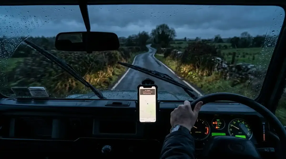 The frustration of a GPS failure on a narrow, dark Irish road.