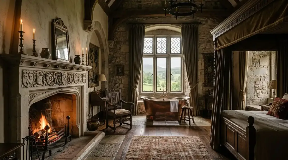 A signature luxury castle stateroom featuring authentic period antiques and an original stone fireplace.
