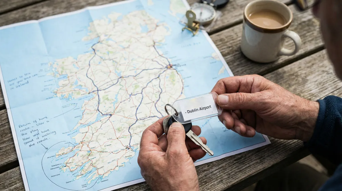 Hands holding rental car keys with an Ireland map for planning.