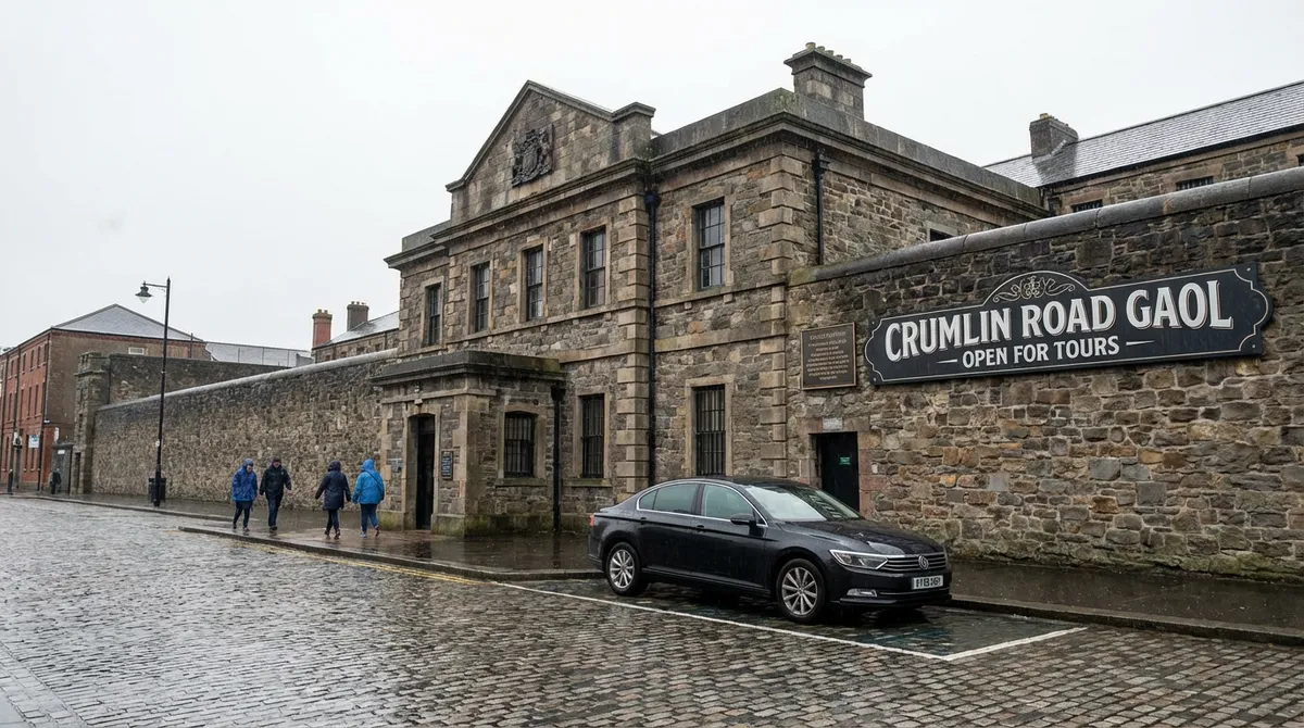 Exterior view of Crumlin Road Gaol, a historic Victorian prison in Belfast.