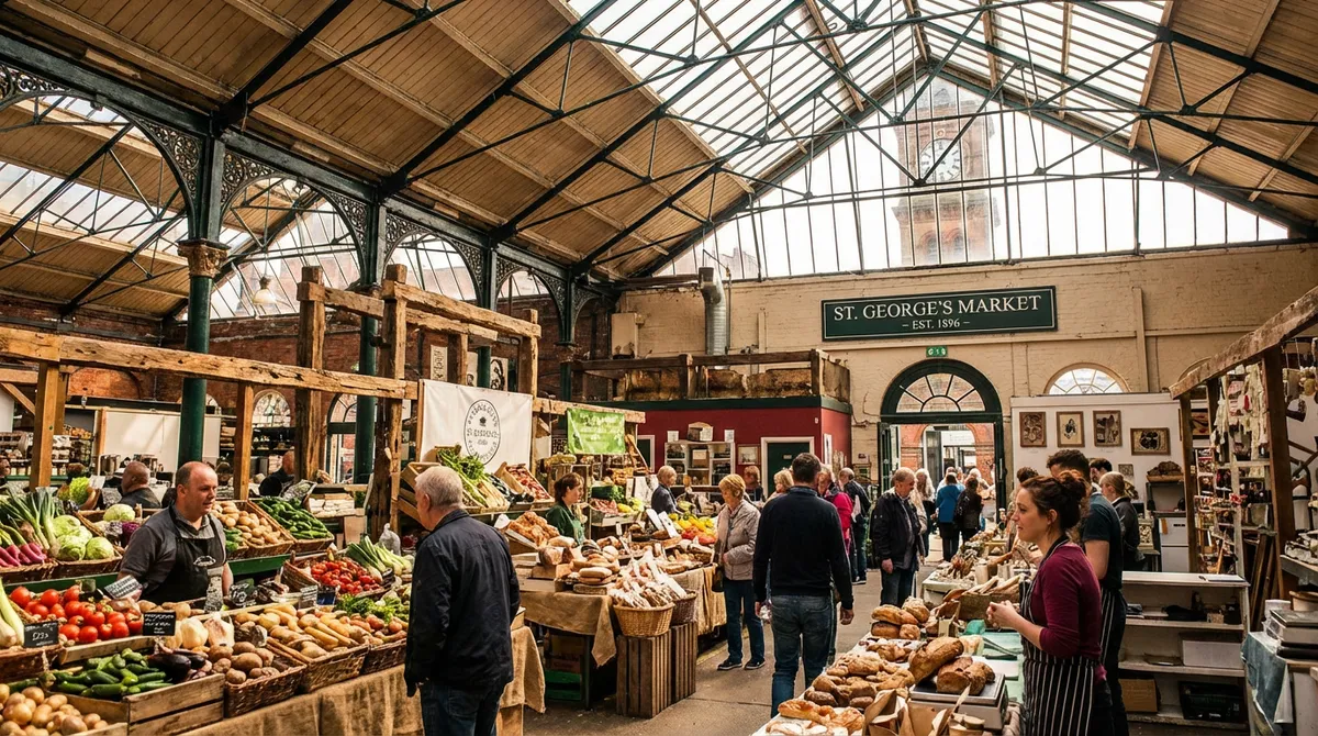 Vibrant scene inside St. George's Market in Belfast with food stalls, crafts, and bustling crowds