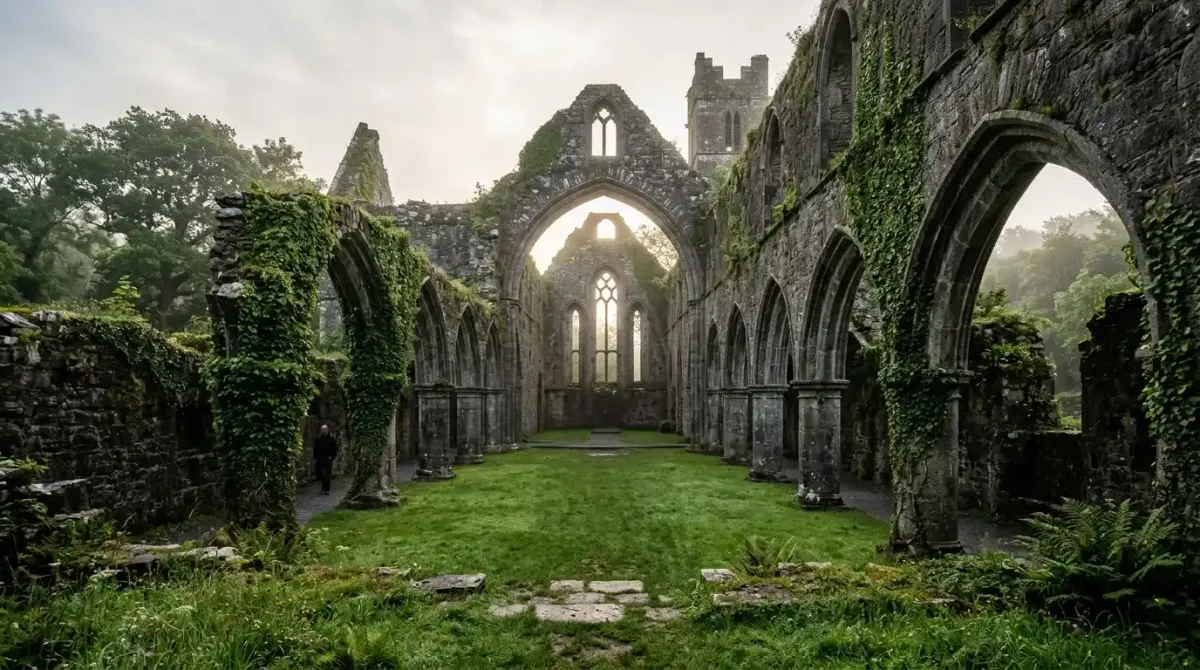 The medieval ruins of Cong Abbey, a historic site near Ashford Castle in Ireland.