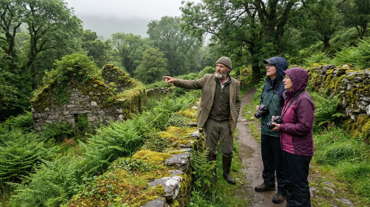 Small group of tourists listening to a local guide on a historical walking tour in the Ring of Kerry.