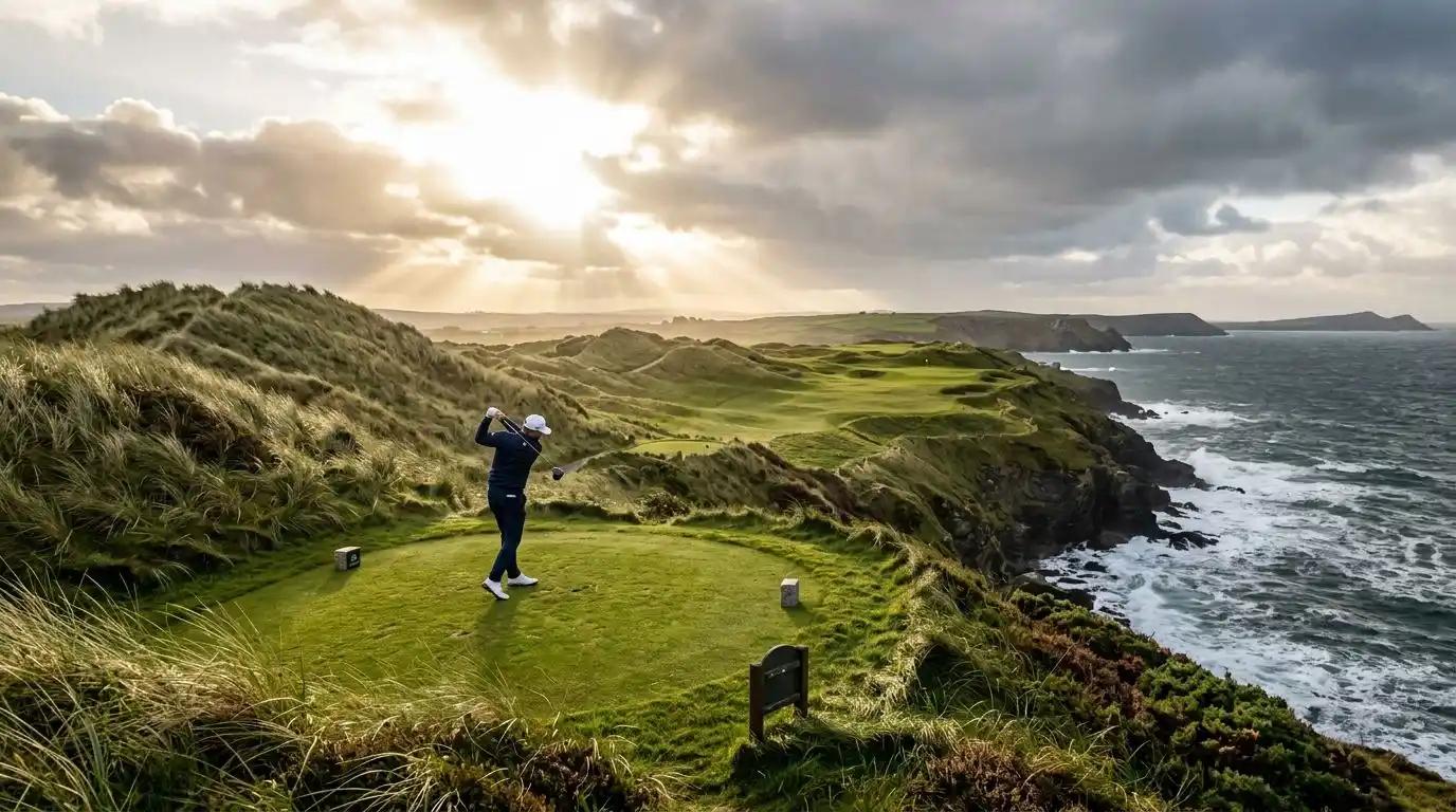 A high-end golfer executing a perfect tee shot on an iconic Irish links golf course overlooking the ocean.