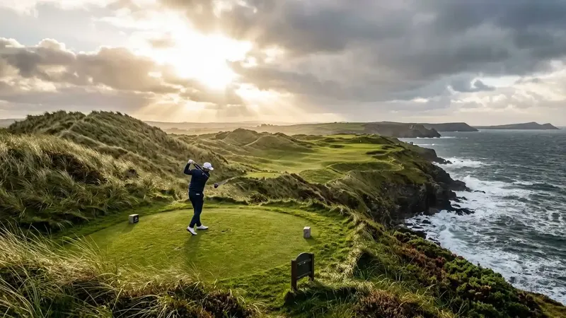 A high-end golfer executing a perfect tee shot on an iconic Irish links golf course overlooking the ocean.