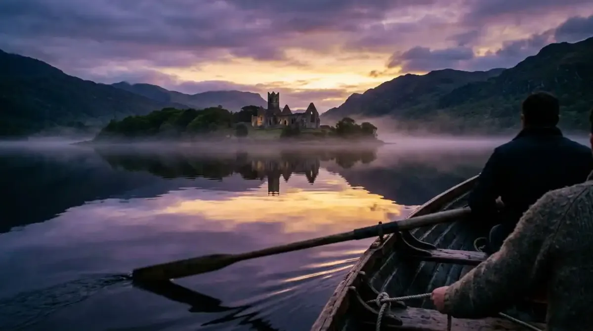 A private evening boat excursion to a secluded monastic island on the lakes of Killarney during a luxury honeymoon.