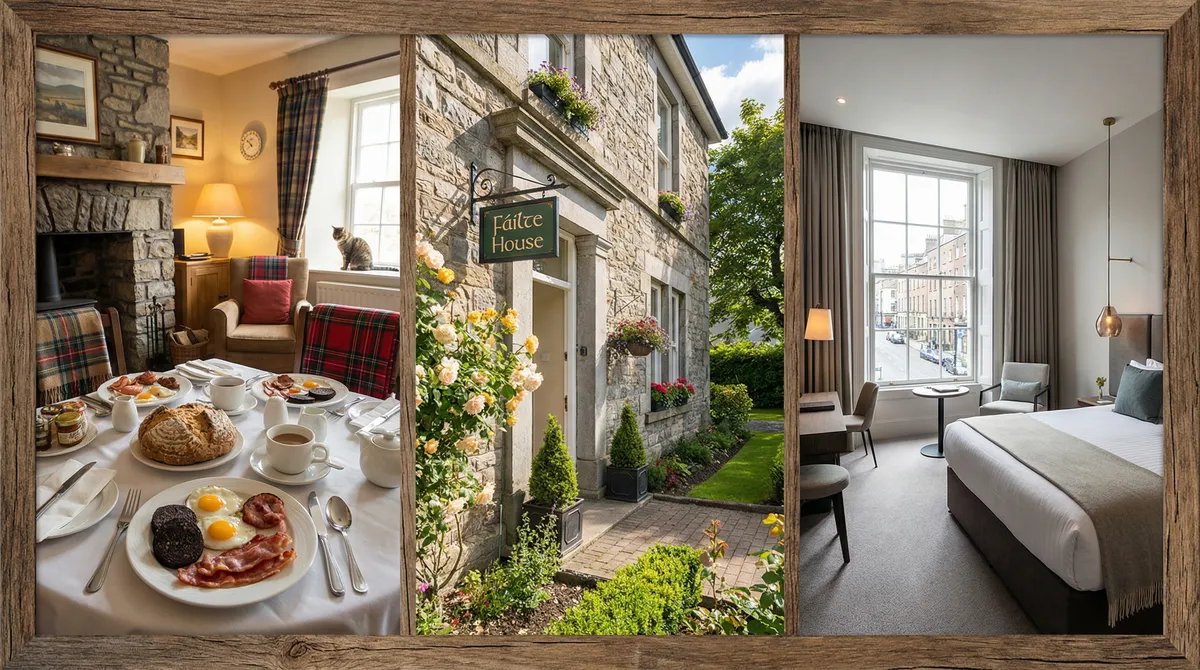 Collage of an Irish B&B breakfast, guesthouse exterior, and boutique hotel room
