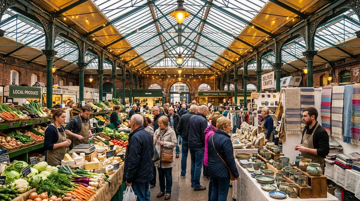 A vibrant indoor market scene at St. George's Market in Belfast, with stalls and shoppers.
