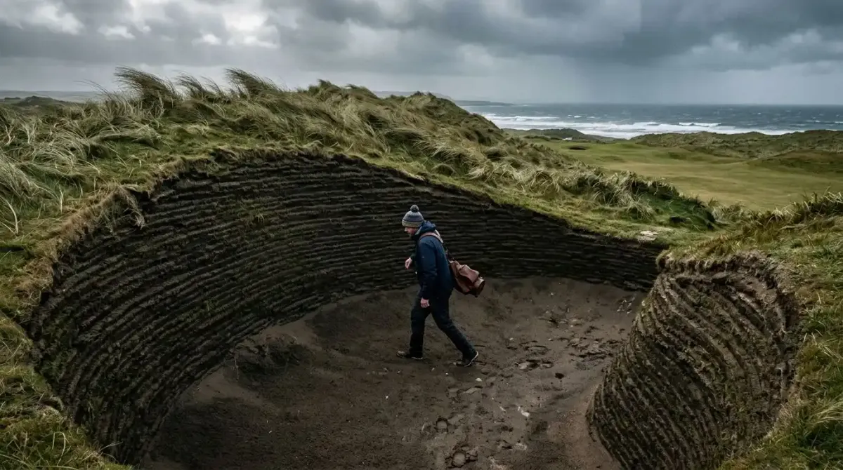 A luxury golfer navigating a deep sod-walled pot bunker on a traditional Irish links layout.