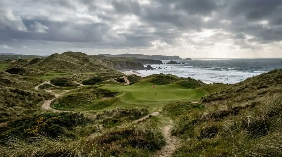 The untamed, majestic sand dune fairways of Carne Golf Links overlooking the Atlantic coast of Mayo.