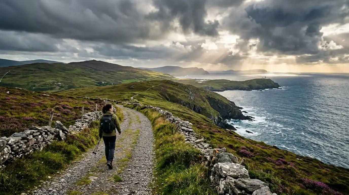 An independent luxury traveler exploring a spectacular coastal ridge trail on a self-guided walking tour in Ireland.