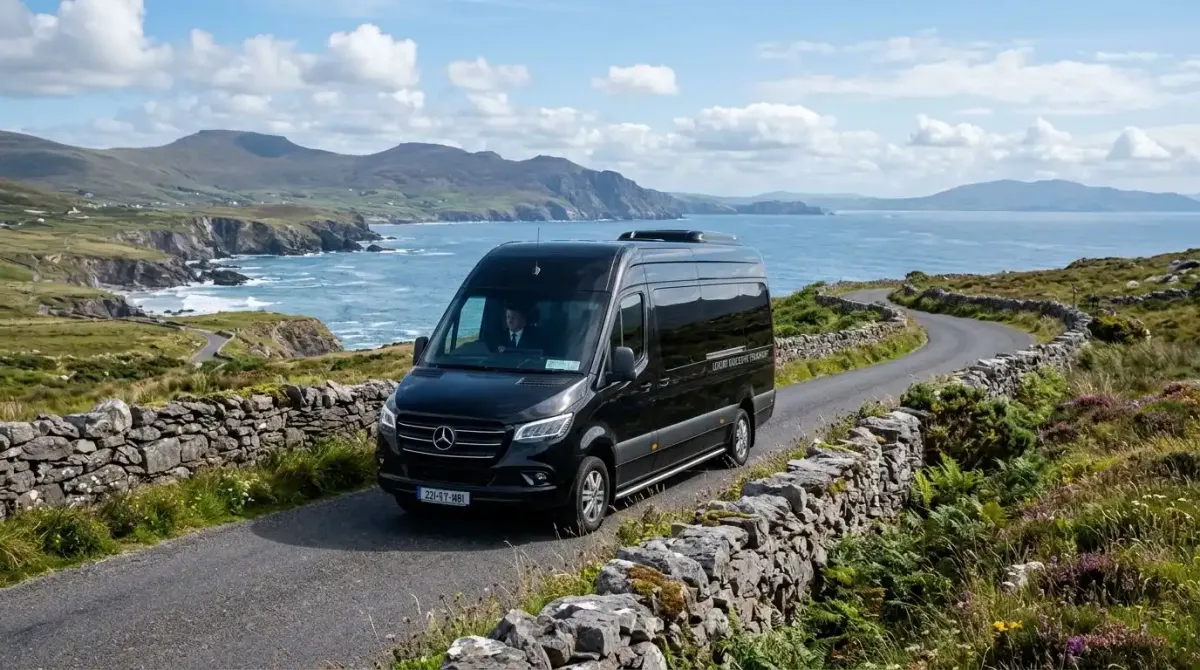 An elite private chauffeur vehicle transporting luxury travelers and golf gear smoothly along the Irish coast.
