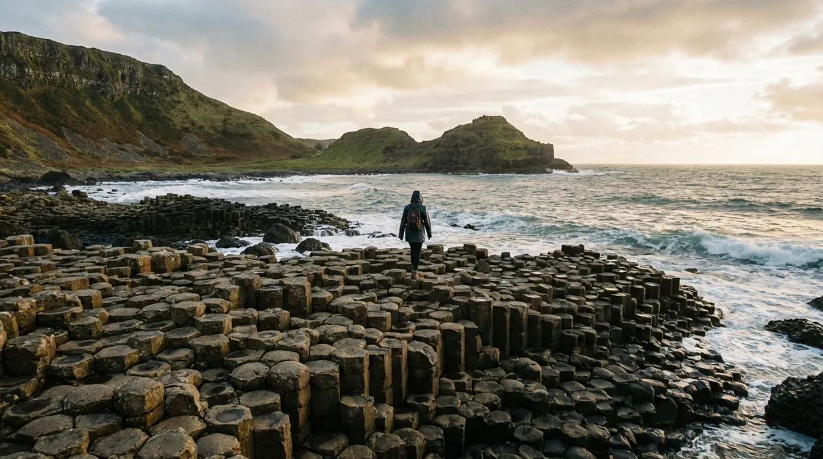 Person walking on the hexagonal basalt columns of the Giant's Causeway