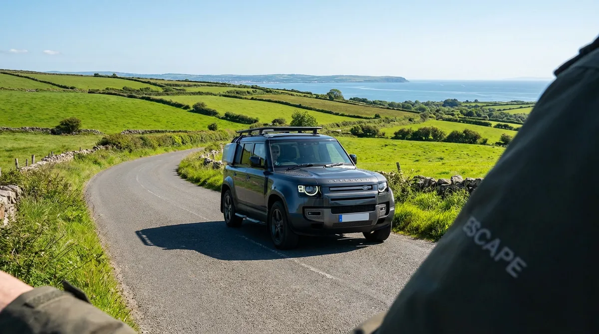 Modern SUV driving on a scenic road near Belfast, symbolizing freedom.