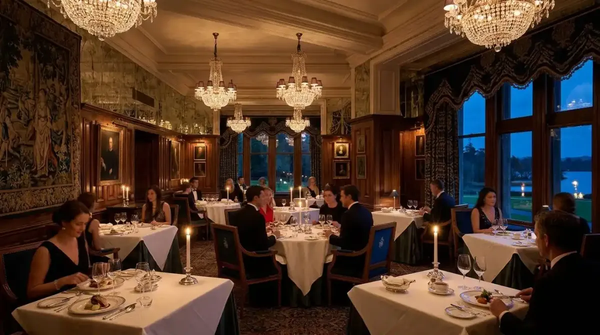 The opulent George V Dining Room at Ashford Castle with Waterford Crystal chandeliers.