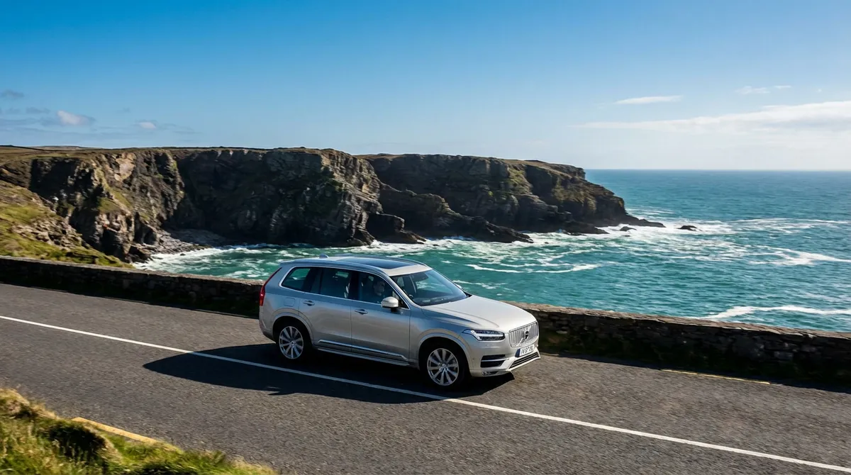 Modern commercial car on the Wild Atlantic Way with cliffs and ocean.