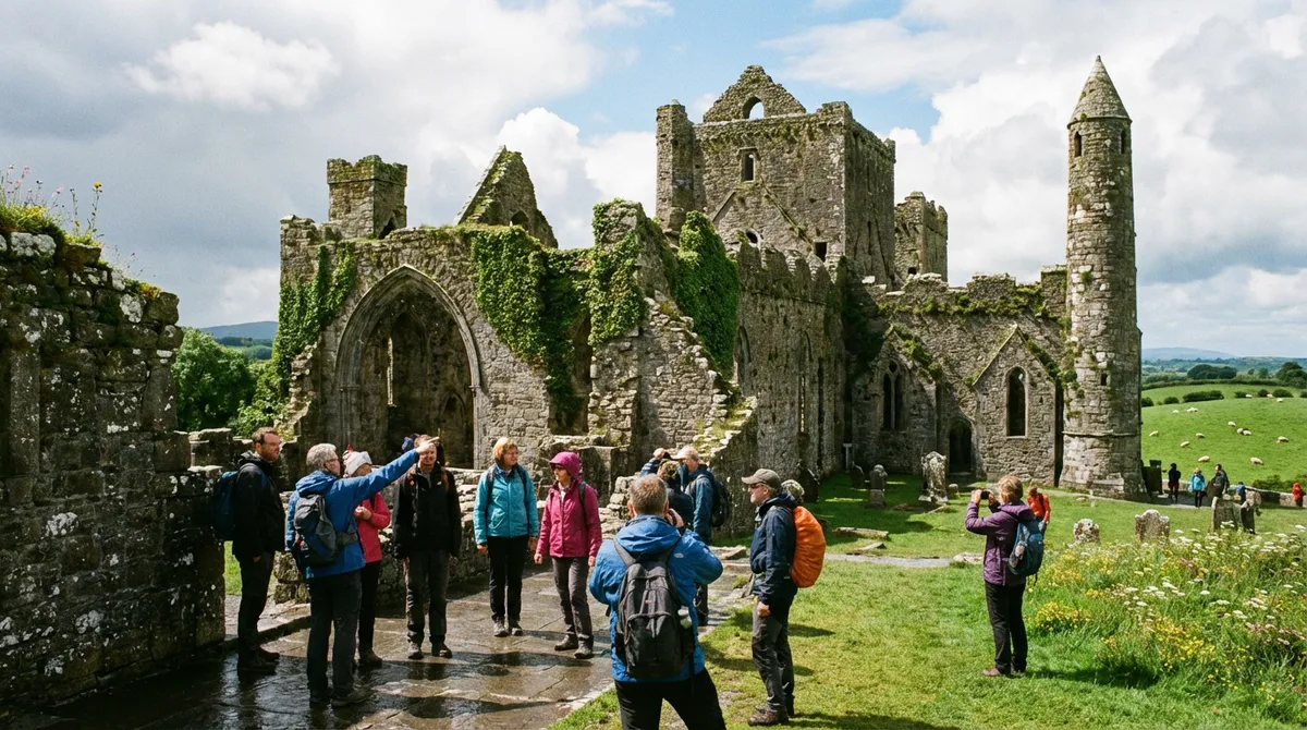 Visitors exploring the ancient stone ruins of an Irish castle, surrounded by green fields.