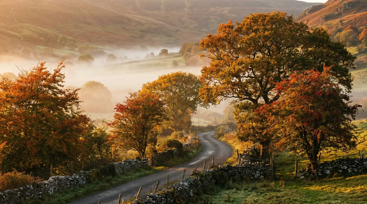 Misty valley in early autumn Ireland with golden light and country road