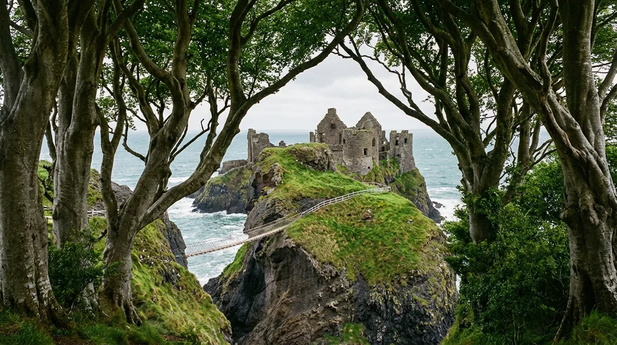 Composite image showing Carrick-a-Rede Rope Bridge, Dunluce Castle ruins, and the Dark Hedges