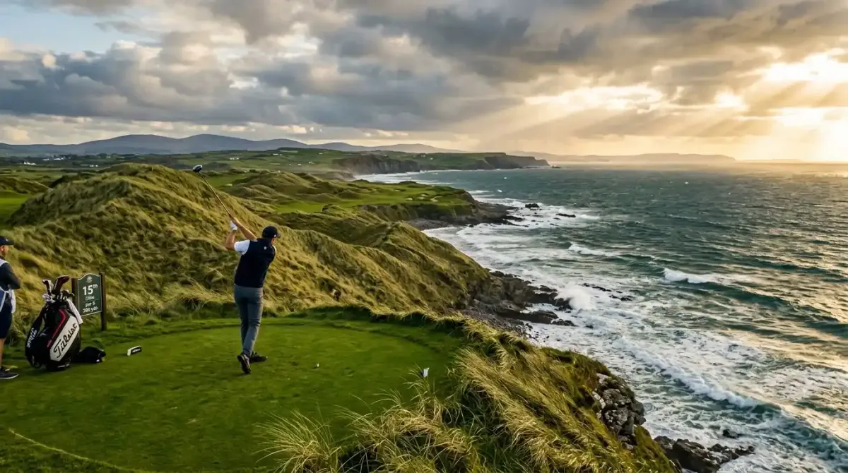 An executive traveler hitting a perfect tee shot on an iconic Irish links golf course overlooking the ocean during a luxury tour.