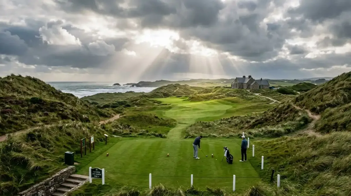 The prestigious 1st tee box at a world-famous championship links golf course in Ireland under dramatic coastal skies.