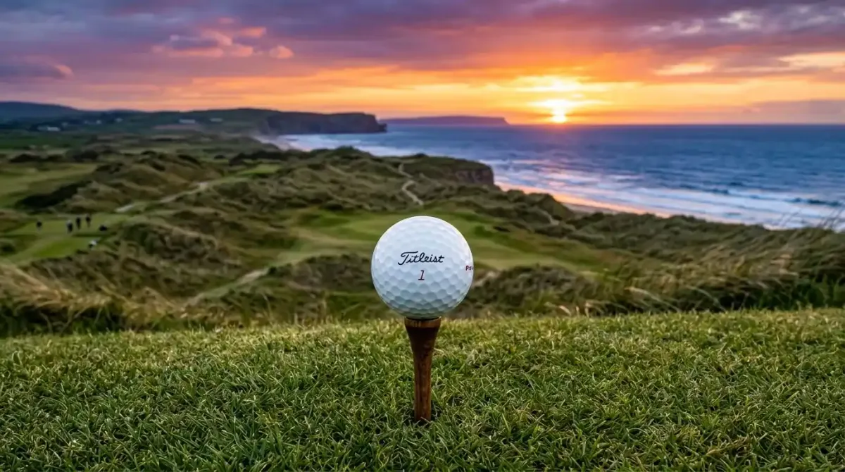 A golf ball teed up on an iconic Irish links course overlooking the ocean at sunset, marking an enduring legacy.