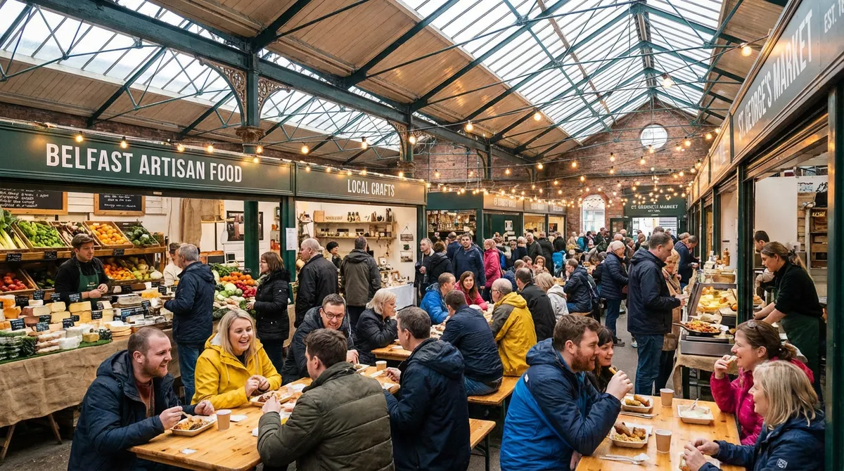 Inside St. George's Market in Belfast, bustling with vendors and shoppers.