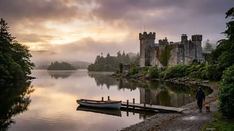 A grand Irish castle hotel reflecting in a still lake at sunrise during the peak travel season.