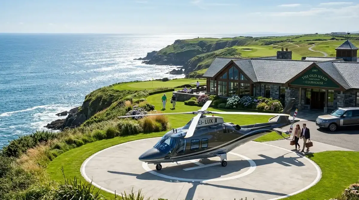 A premium private helicopter transfer service waiting for luxury golf travelers on the Irish coast.