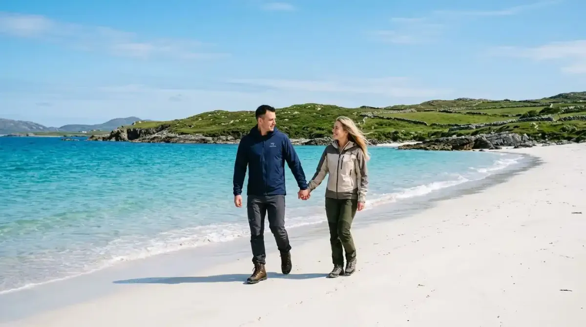 A luxury couple exploring an isolated white-sand beach on a curated romantic walking holiday.