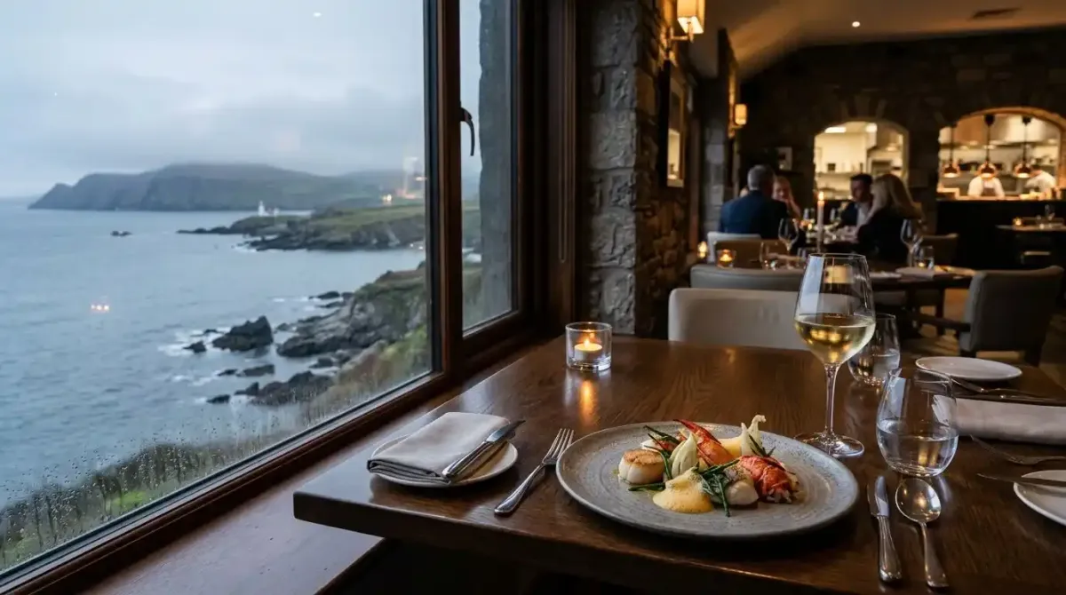 An elegant fine dining table overlooking the Irish coast during a luxury culinary vacation.
