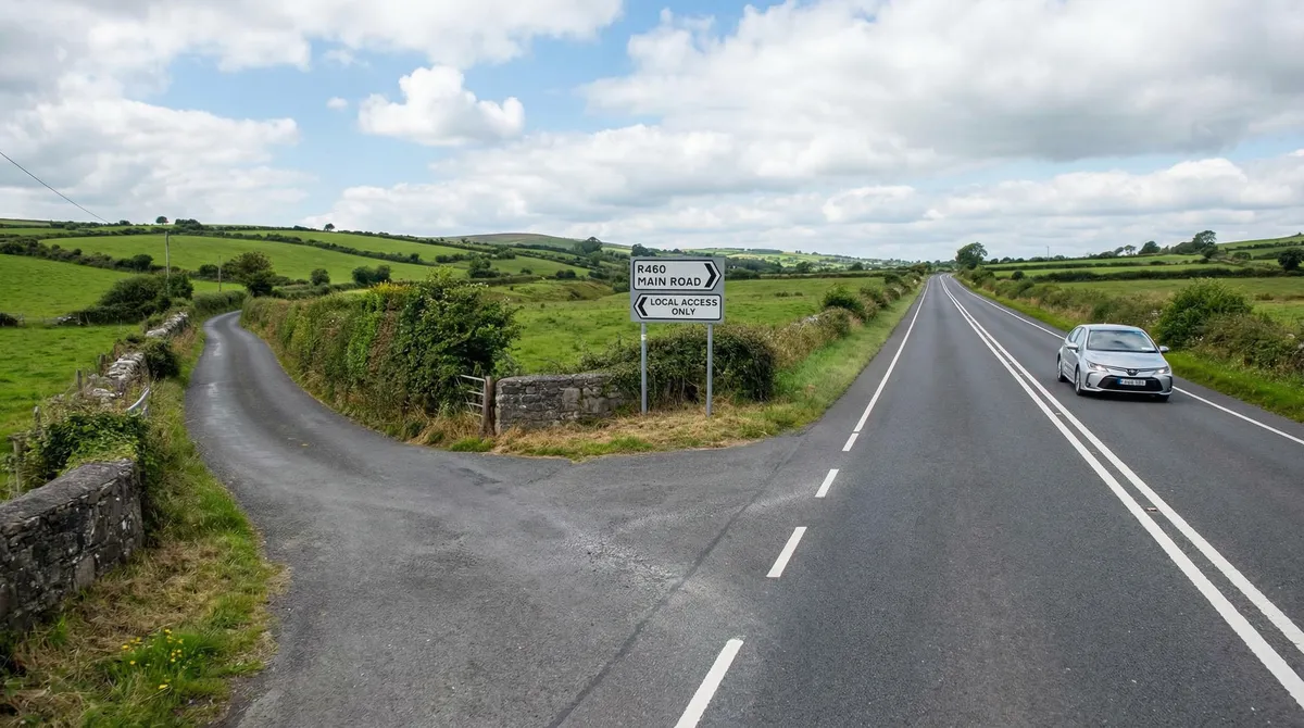 Well-maintained main road in Ireland with a modern rental car, showing manageable driving conditions