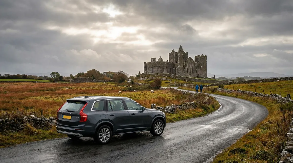 Modern rental car parked near a historic Irish landmark during shoulder season.