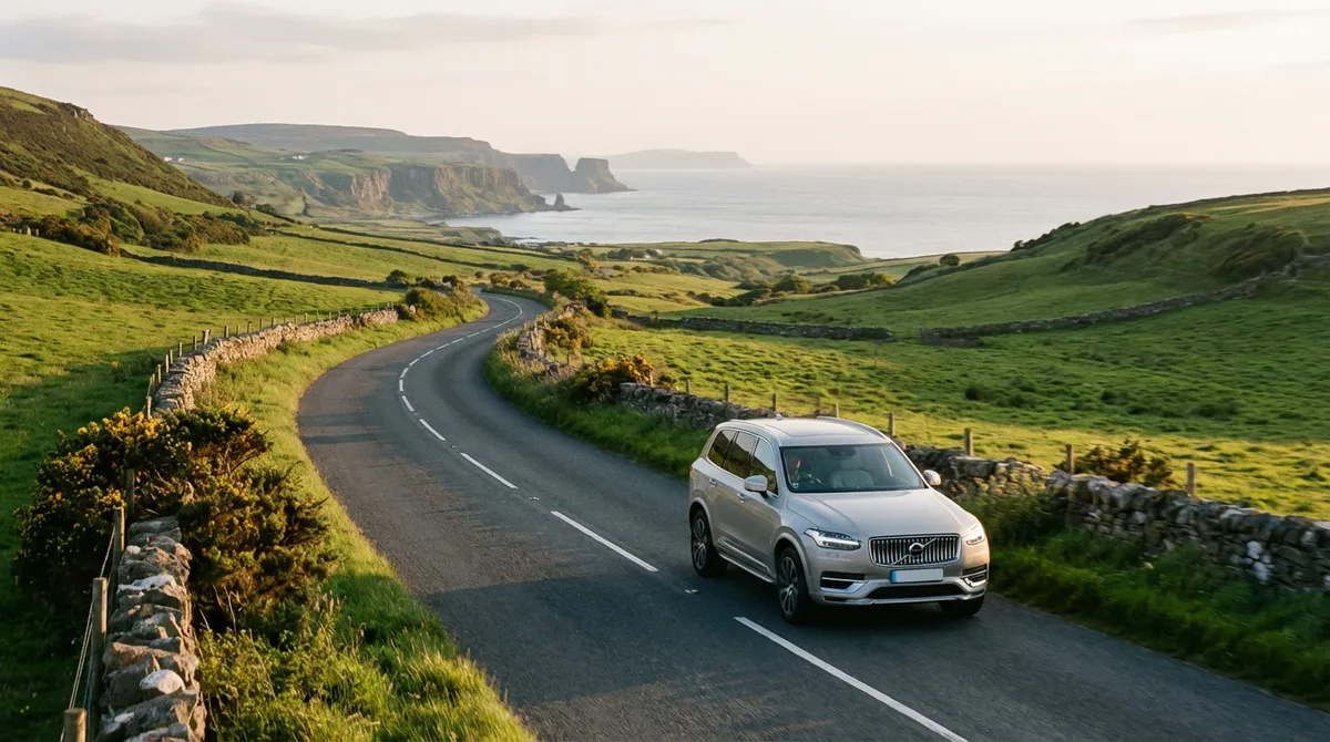 A modern car driving effortlessly on a scenic, winding road through a green valley in Northern Ireland.