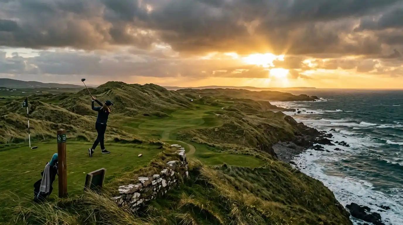 An executive golfer hitting a tee shot on a dramatic coastal links golf course in Southwest Ireland at sunset.